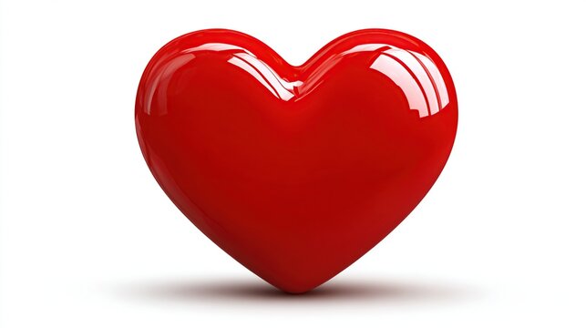 A glossy, three-dimensional red heart, smoothly rendered with subtle highlights and a soft shadow cast on a white background, conveying love and affection