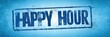 © Vlad - Happy Hour Banner. Blue Stamp Sign with Happy Hour Text Logo and Icons