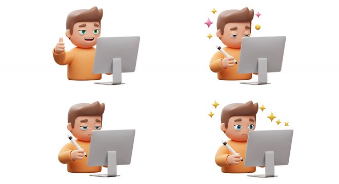 Digital art characters working on a computer