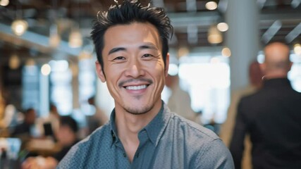 Poster - A man is smiling in front of a group of people. Scene is happy and friendly