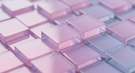 Poster - Abstract close up of translucent square glass tiles with a soft gradient of pink and purple hues creating a serene and modern background