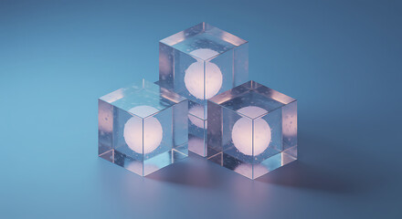 Poster - Three translucent glass cubes with glowing spheres inside arranged in a triangular formation on a gradient blue background