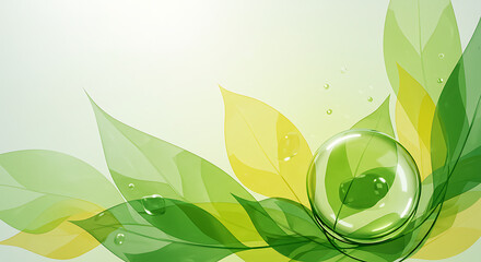 Poster - Abstract arrangement of translucent green and yellow leaves with delicate water droplets and a large clear sphere