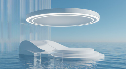 Poster - Modern minimalist stage design with white curved podiums and a clear acrylic table on rippling blue water under a bright sky