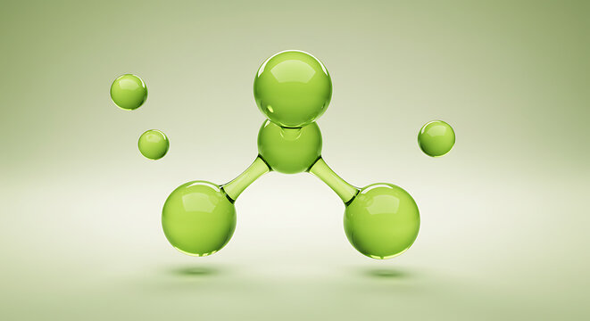 Abstract 3d rendering of a molecular structure with green spheres connected by transparent rods against a soft gradient background