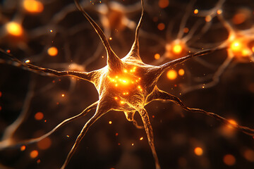 Poster - Close-up view of a glowing neuron with intricate dendrites and vibrant energy particles in the background