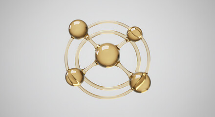 Poster - Abstract golden liquid spheres connected by curved transparent tubes in a symmetrical molecular structure on a light gray background