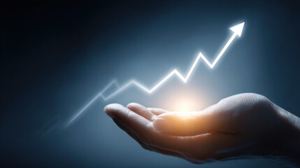 Poster - A hand gently supporting a bright rising graph with a prominent upward arrow embodying the essence of economic advancement and strategic investments in a shadowy environment