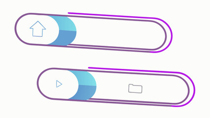 Aufkleber - Two rounded rectangular ui elements with gradient blue circles containing icons for upload and play outlined in purple on a white background