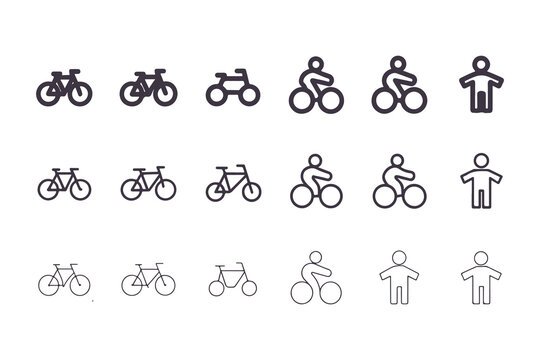 Set of Bicycle and Cyclist Icons. Vector Illustration of Various Bike Types and People Riding Bicycles, Transportation and Sport Symbols