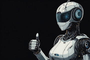 Poster - Futuristic humanoid robot giving a thumbs-up gesture against a dark background, symbolizing positivity
