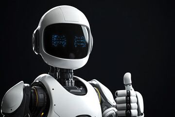 Poster - Futuristic robot giving a thumbs-up in a dark environment, showcasing advanced technology