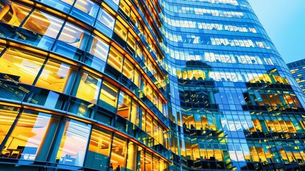 Poster - A curved glass skyscraper office building at night