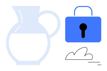 Poster - Transparent water pitcher, blue secure lock, and abstract cloud with lines suggesting simplicity. Ideal for security, sustainability, hydration, minimalism, clarity, data privacy simple landing page