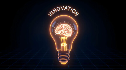 Poster - Glowing lightbulb with brain, representing innovation, on grid background, promoting ideas and creativity