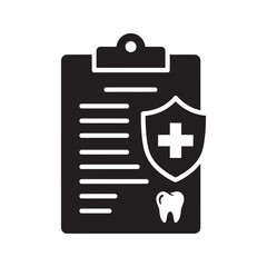 Poster - Dental insurance plan icon with clipboard shield and tooth symbolizing healthcare protection policy and stomatology patient medical record document vector solid glyph