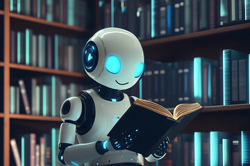 Poster - A friendly robot reading a book in a cozy library filled with shelves of books