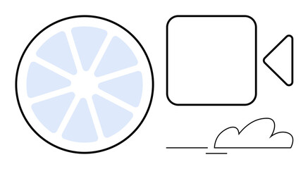Poster - Film reel, video camera, and cloud represent video production, streaming services, content creation, and technology connections. Ideal for media, entertainment, cloud storage creativity digital