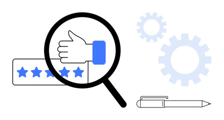 Poster - Hand giving thumbs-up under magnifying glass, five-star rating card, gears, and pen. Ideal for customer feedback, quality control, analysis, service improvement, product reviews business strategy