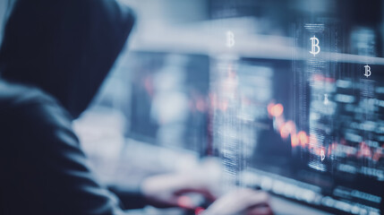 Poster - Cyber Threat: A hooded figure hunched over a computer, with a digital overlay indicating illicit activity, representing the modern dangers of online threats.