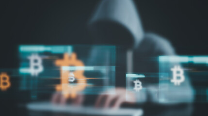 Poster - Cybersecurity Breach: A hooded figure, obscured in shadow, is focused on cryptocurrency hacking, with bitcoin symbols superimposed.