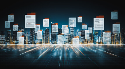 Poster - Digital Documents over Cityscape:  A stunning cityscape at night, with glowing digital documents floating above, symbolizing the flow of information and data in a modern metropolis. 