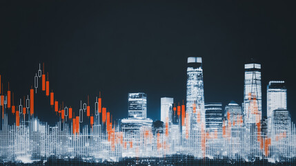Poster - Financial Skyline: A dynamic cityscape, overlaid with red financial data, presents a visual narrative of market volatility and economic trends, suitable for articles about business and stock market.