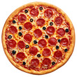 © SK Stock - Delicious pepperoni and black olive pizza with melted cheese isolated on transparent background