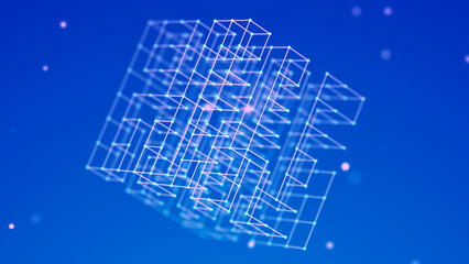 Leinwandbilder - 3D cube of lines and dots. Wireframe polygonal element on dark background. Science and technology. 3d rendering