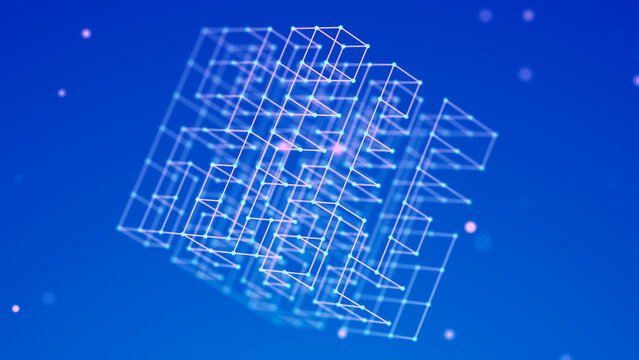 3D cube of lines and dots. Wireframe polygonal element on dark background. Science and technology. 3d rendering