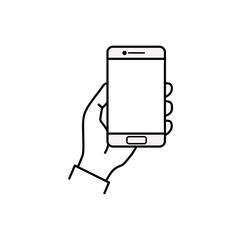 Fototapete - Outline flat vector illustration of a hand holding a pale pink smartphone with a blank screen. Ideal for mobile, technology or communication app icons.