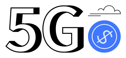 Poster - Bold 5G text, cloud, and dollar symbol in a flat design conveying speed, networking, and economic growth. Ideal for connectivity, digital economy, innovation, technology finance mobility internet