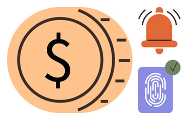 Poster - Large dollar coin, alarm bell, fingerprint scan with verification checkmark. Ideal for finance, cybersecurity, notifications, banking, payments technology and data protection. Simple flat metaphor