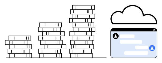 Poster - Stacked data servers grouped with a cloud icon above a digital message interface screen. Ideal for cloud computing, data storage, digital growth, collaboration, technology, online communication