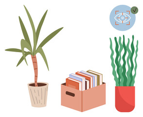 Poster - Potted plants and a storage box filled with books alongside a vision focus icon. Ideal for organization, mindfulness, productivity, workspace design, learning, creativity, minimalism. Simple flat