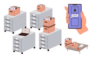Poster - Filing cabinets with documents, a laptop, and a hand holding a phone displaying unlock feature. Ideal for organization, cybersecurity, record keeping, technology, productivity, office setup simple