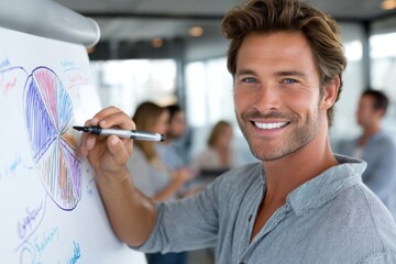 Poster - Business meeting in office with a man presenting colorful chart to engaged audience