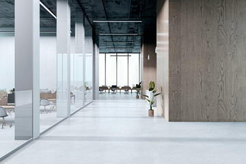 Fototapete - Modern empty office corridor with glass partitions and wood panel wall in contemporary corporate interior with clean spacious design. 3D Rendering
