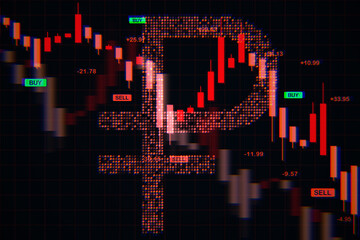 Poster - Russian ruble crisis symbol with falling candlestick chart and red market crash indicators on dark screen background representing financial collapse. 3D Rendering