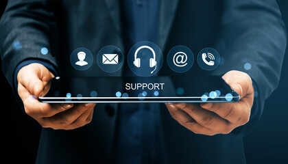 Poster - Businessman holding digital tablet with virtual support icons representing online customer service and communication solutions interface.