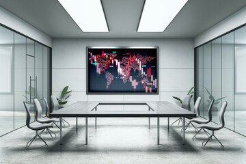Poster - Corporate meeting room with world map chart showing financial market crash and red downward trends on digital screen display wall. 3D Rendering