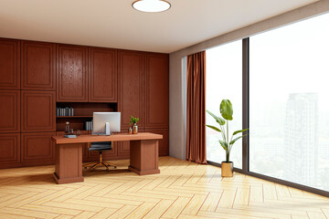 Poster - Modern executive office interior with wooden furniture, large glass window, city view, and elegant workspace design elements. 3D Rendering