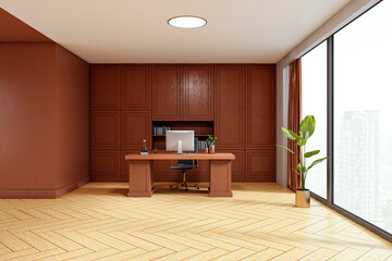 Poster - Executive office interior with wooden furniture, large desk, modern decor, city view window, and parquet floor in a minimalist luxury style. 3D Rendering