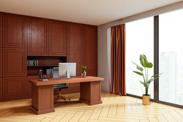 Poster - Modern executive office interior with wooden desk, large window city view, potted plant, and elegant furniture in a cozy workspace setting. 3D Rendering