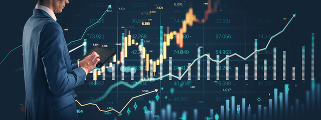 Poster - Businessman analyzing financial market data on tablet with digital stock charts and growth indicators in virtual interface overlay background.