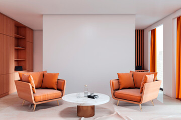 Poster - Modern waiting area with orange armchairs, marble table, and blank wall in stylish corporate office interior with natural light and curtain accents. 3D Rendering