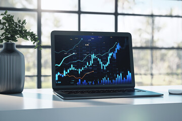 Poster - Digital financial chart with candlestick data on laptop screen in modern office with city view background, displaying market analysis trends. 3D Rendering