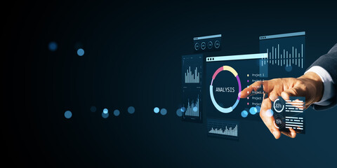 Poster - Businessman's hand interacting with virtual digital analysis dashboard showing graphs, charts, and KPI metrics on futuristic dark background.