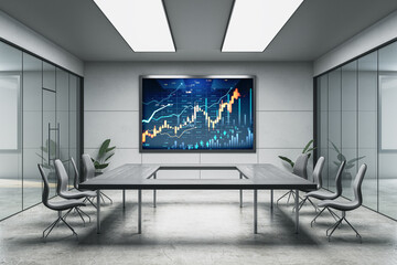 Poster - Modern office conference room with digital forex and stock market index chart displayed on large screen for financial analysis and business reports. 3D Rendering