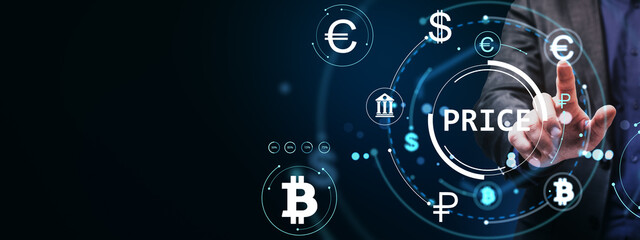 Poster - Businessman touches digital currency price interface with glowing forex and crypto symbols on futuristic financial technology background.